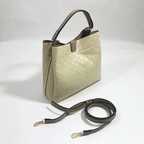 Jen & Co Tati Satchel Cross Body Bag Vegan Leather Beige Woven Pattern - Picture 2 of 9